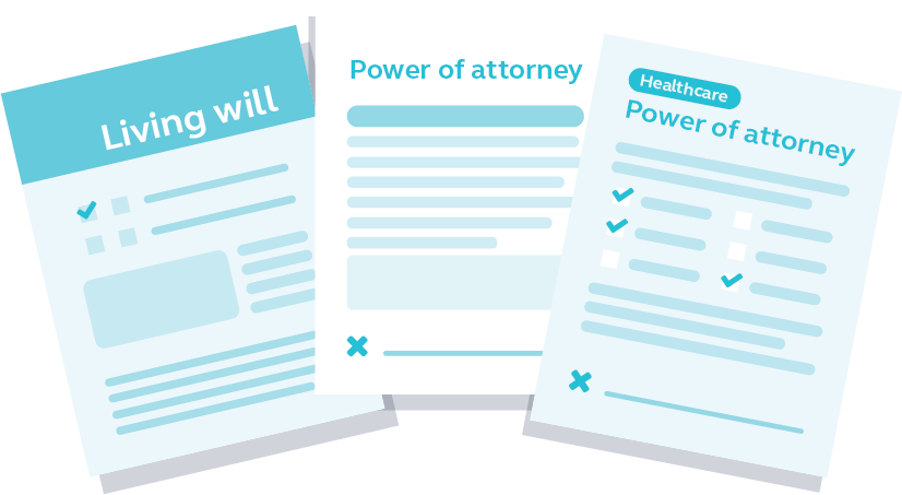 graphic image of legal documents, including a living will and healthcare power of attorney