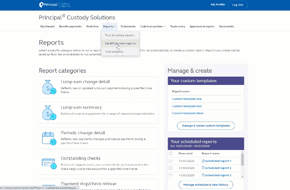 Animation providing more information of benefit payment report categories within a Principal Custody Solutions account.