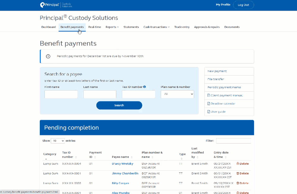 Animation providing more information of Principal Custody Solutions account showing individual benefit payment records.