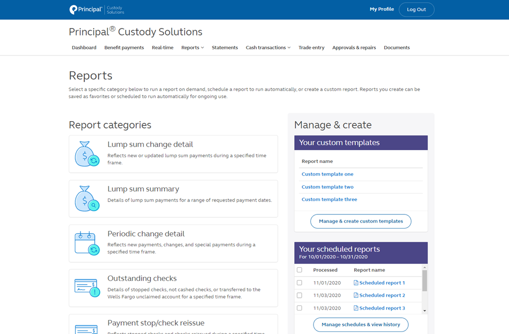 Image of benefit payment report categories within a Principal Custody Solutions account.