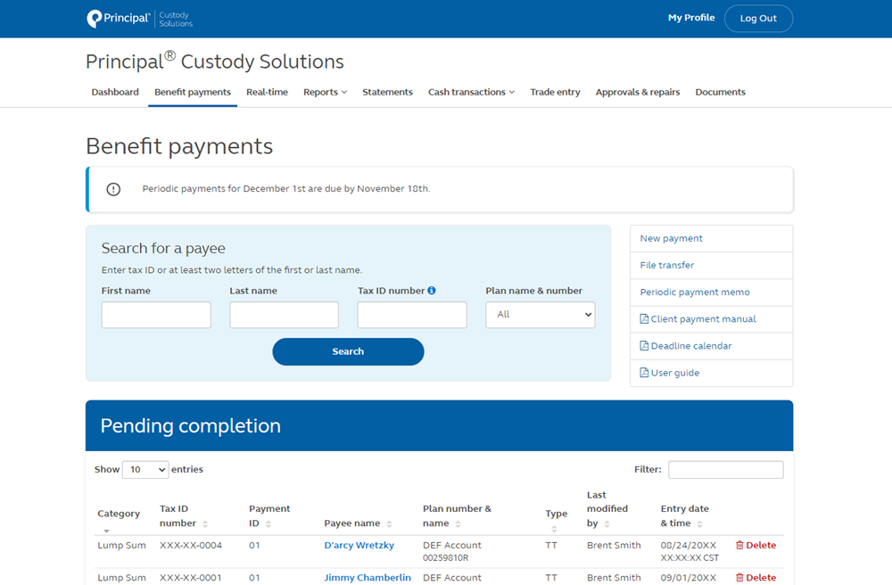 Image of Principal Custody Solutions account showing individual benefit payment records.