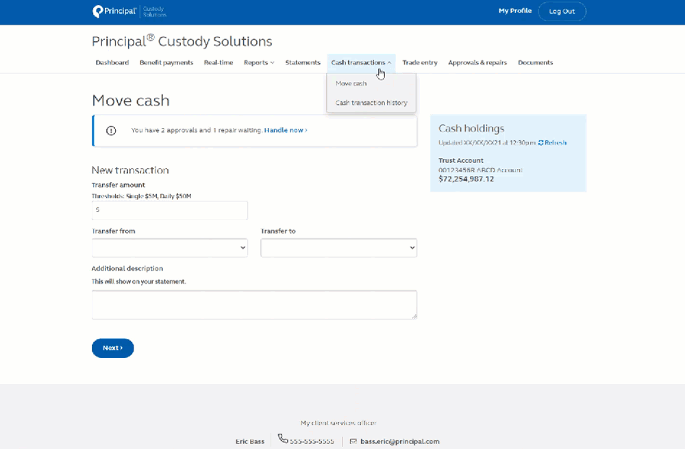 Animation providing more information of moving cash or transaction history to and from Wells Fargo bank accounts.