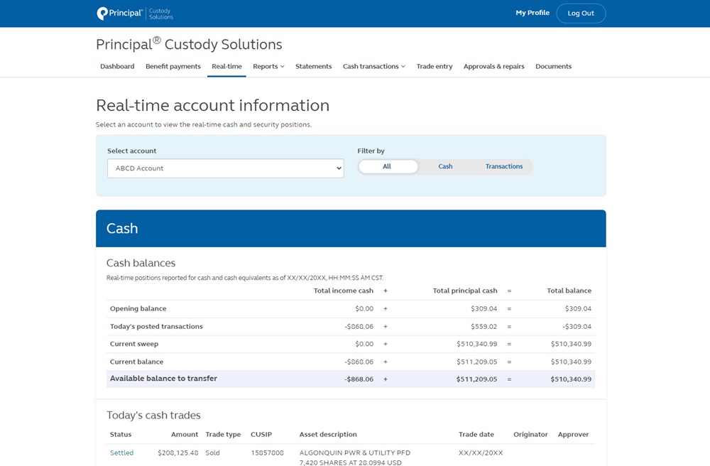 Image of Principal Custody Solutions account representing real-time cash and security positions - including daily transactions, sweep, and pending positions.
