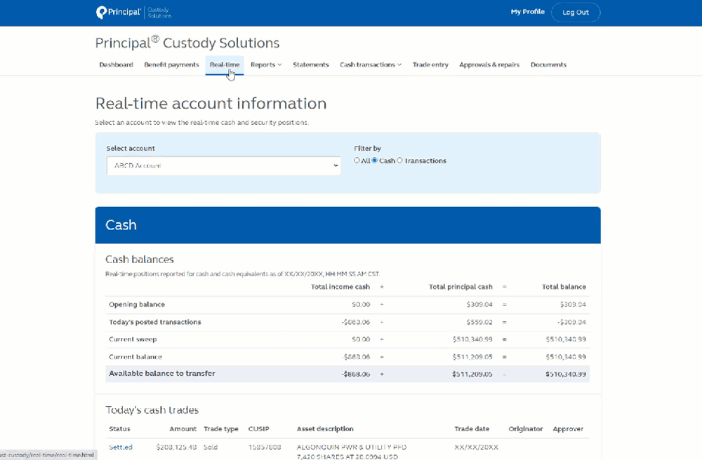 Animation providing more information of real-time cash and security positions - including daily transactions, sweep, and pending positions.