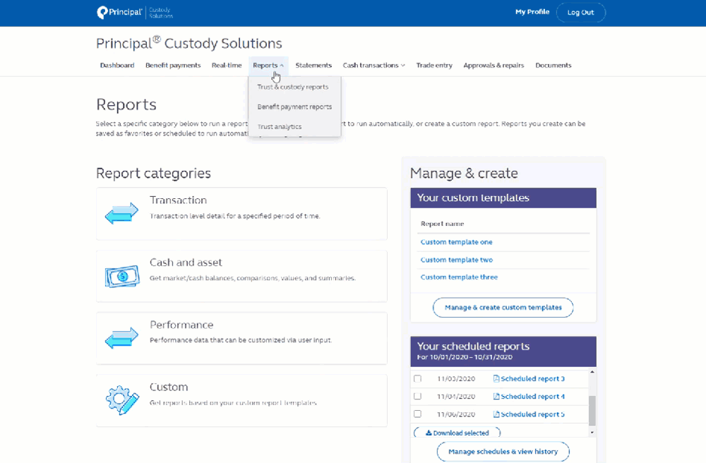 Animation providing more information of Trust and Custody report categories within a Principal Custody Solutions account.