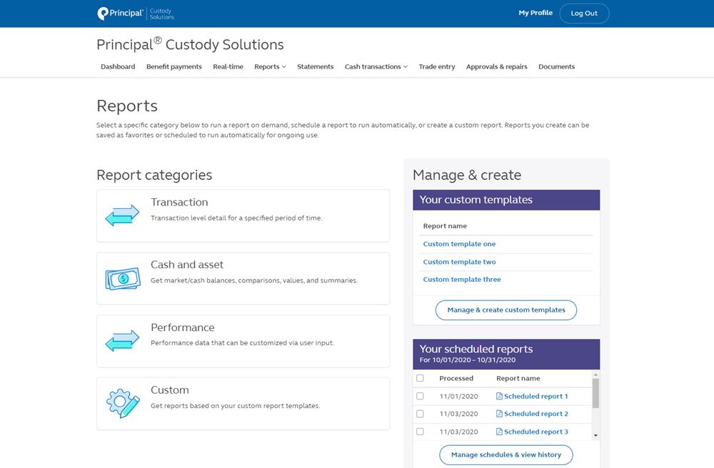 Image representing the Trust and Custody report categories within a Principal Custody Solutions account.