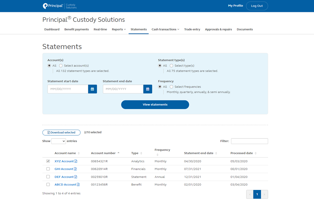 Image of account representing statements and filtering plans available within an account.