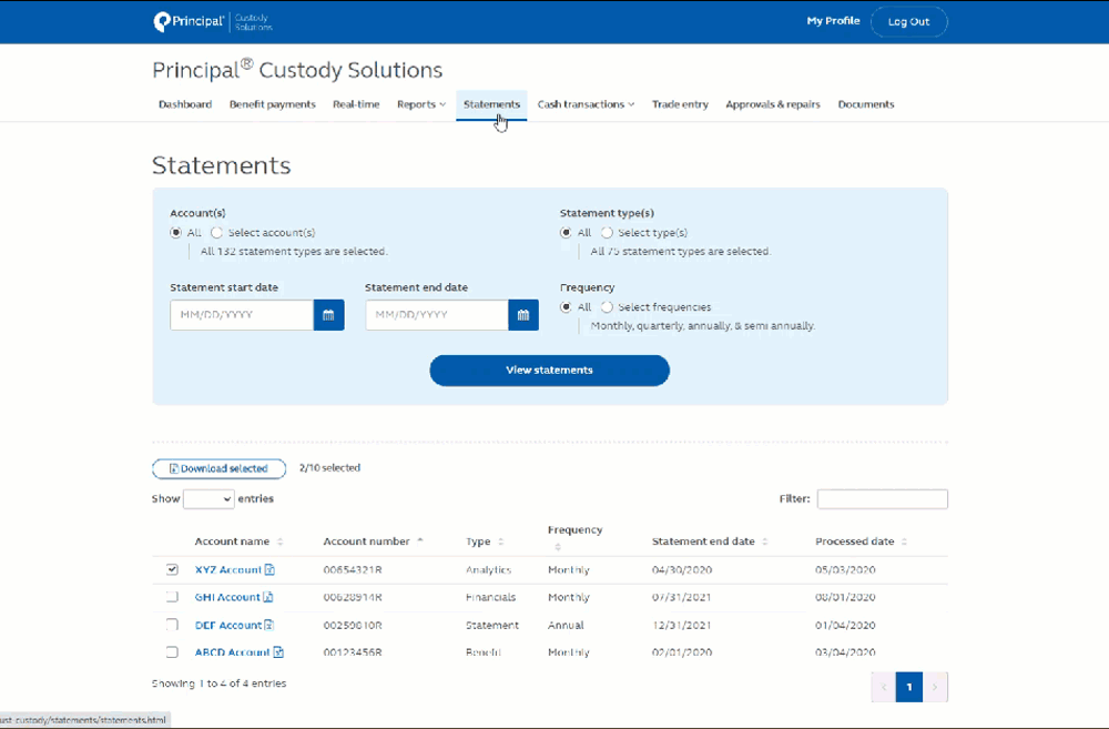 Animation providing more information on statements available within an account.