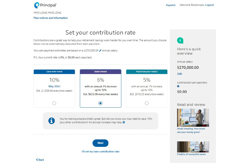 screenshot of experience on how users will set up contribution rate