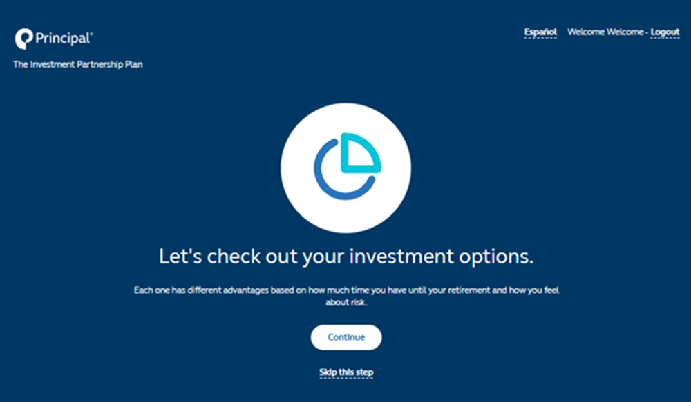 screenshot to show users they can set investment options, or skip the step to decide later.