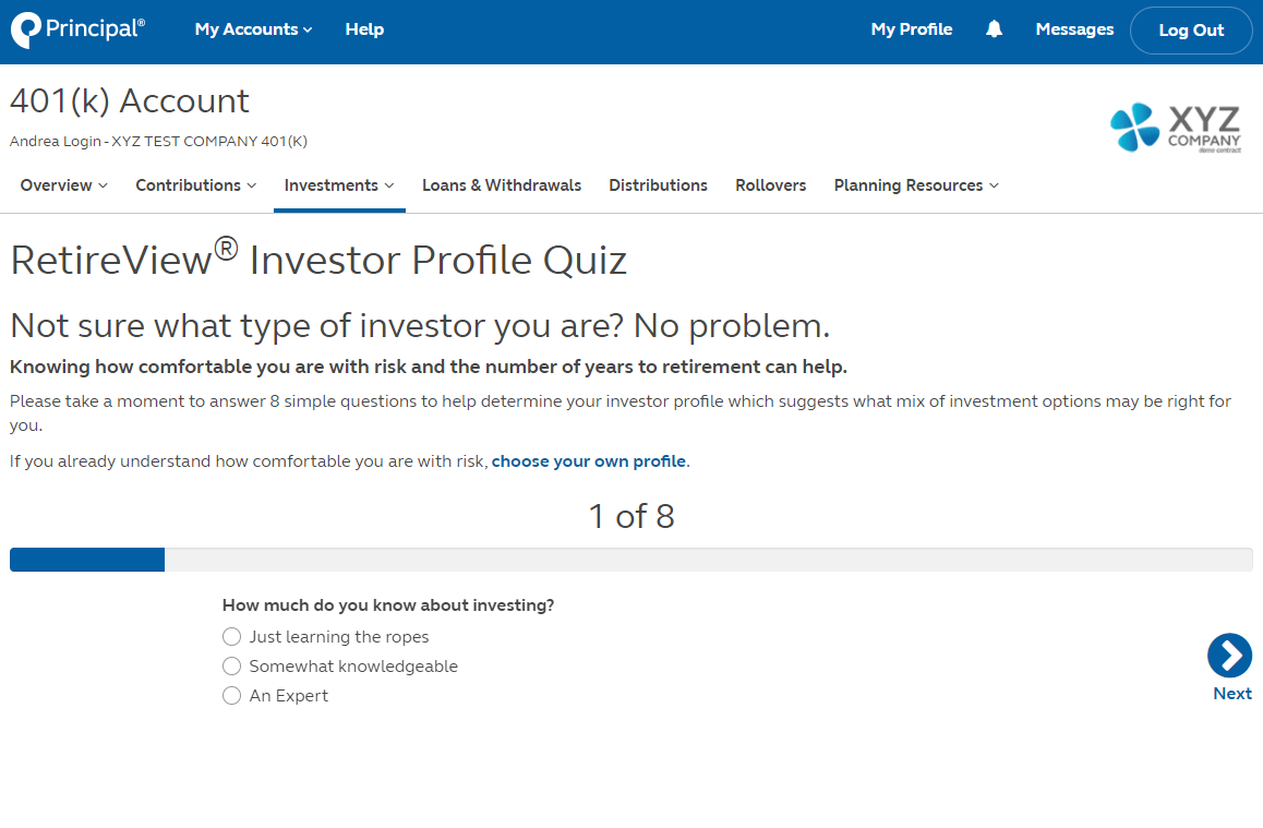 RetireView Investor Profile Quiz step one view