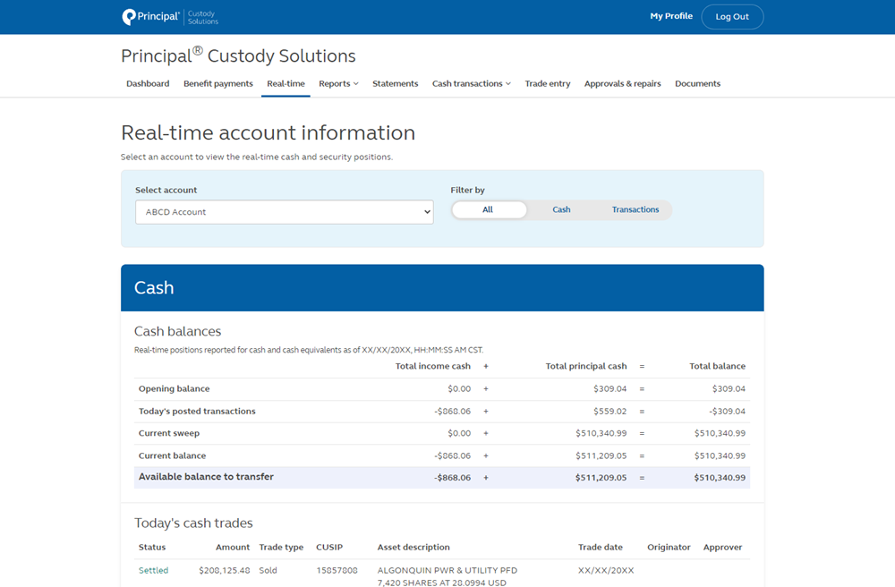 Image of Principal Custody Solutions account representing  real-time cash and security positions - including daily transactions, sweep, and pending positions.