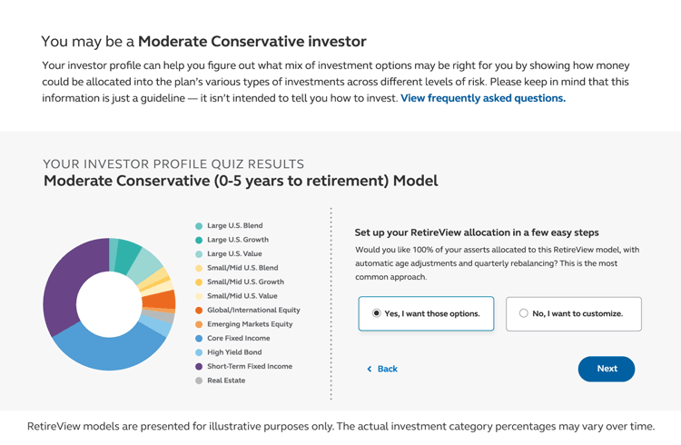 RetireView Investor Profile Quiz step one view