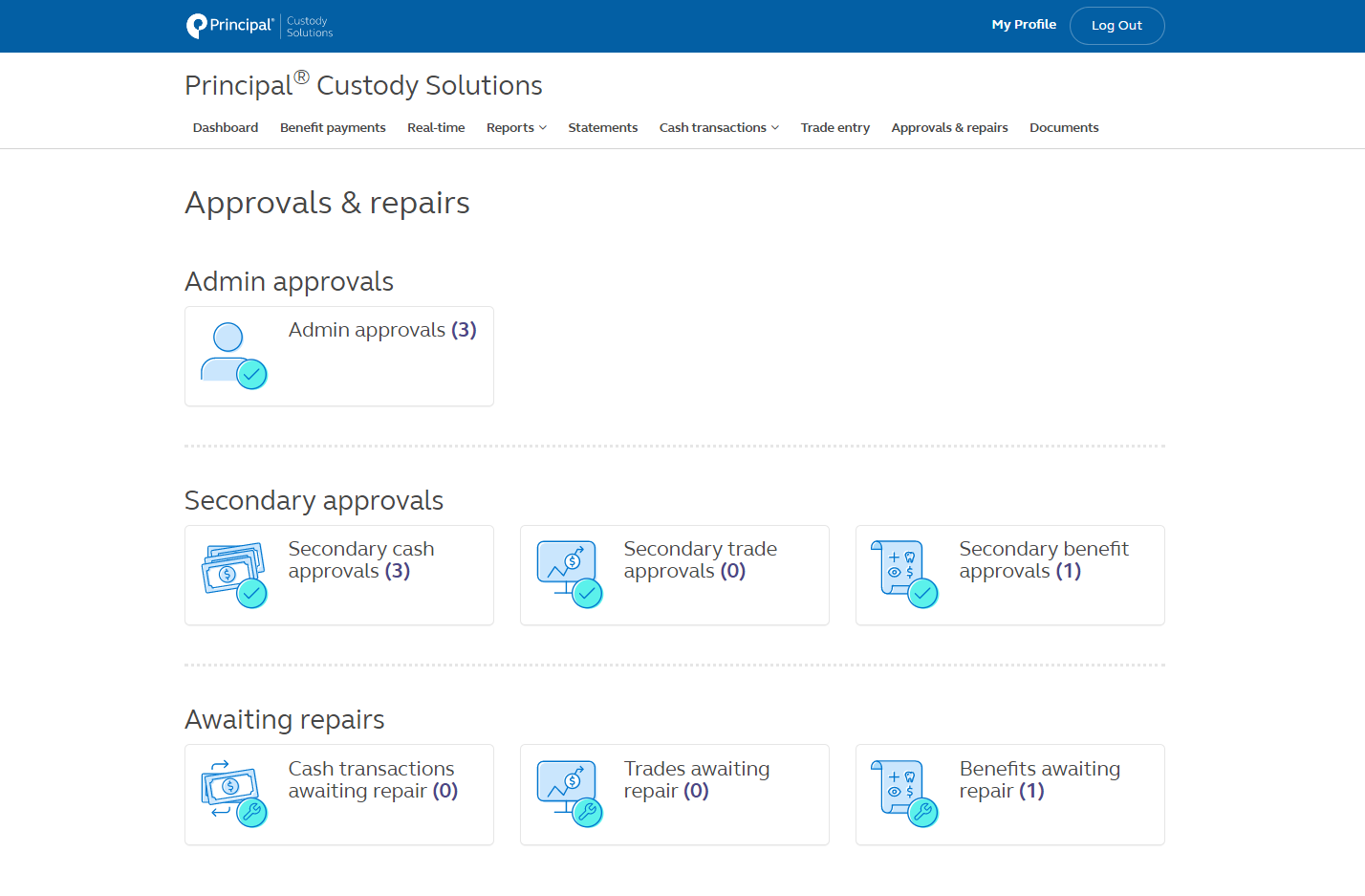 Account view providing more information on administration approvals and repairs to a custodial account. 