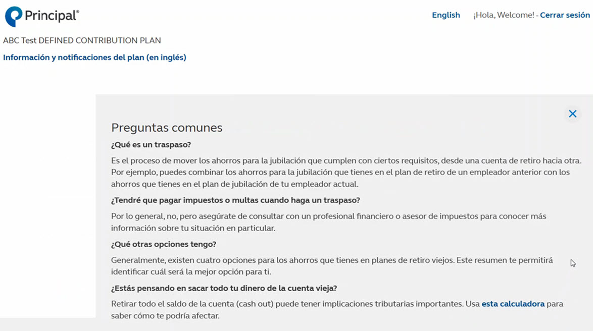 screenshot of helpful and common questions in spanish.